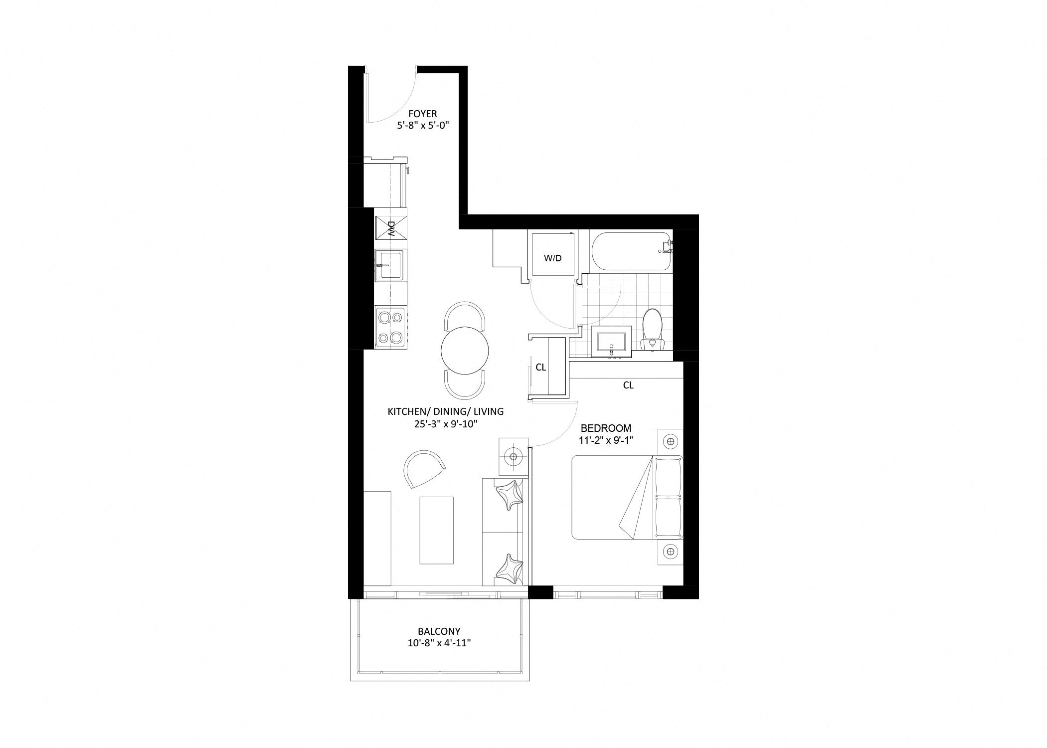 Floor plan for 1 bed, 1 bath, 537 sqft